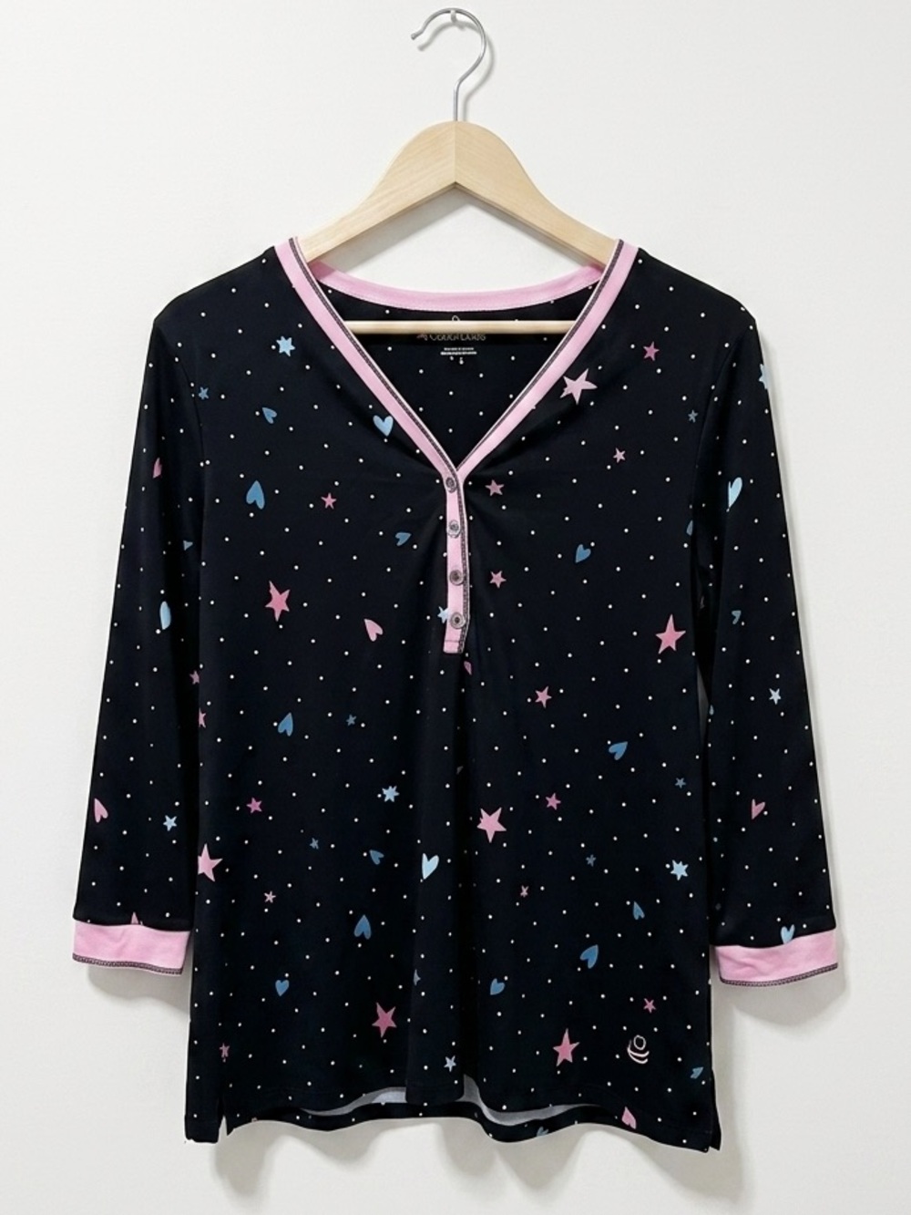 Cuddle Duds So Soft Black Star & Heart Polka Dot Henley 3/4 Sleeve Nightshirt